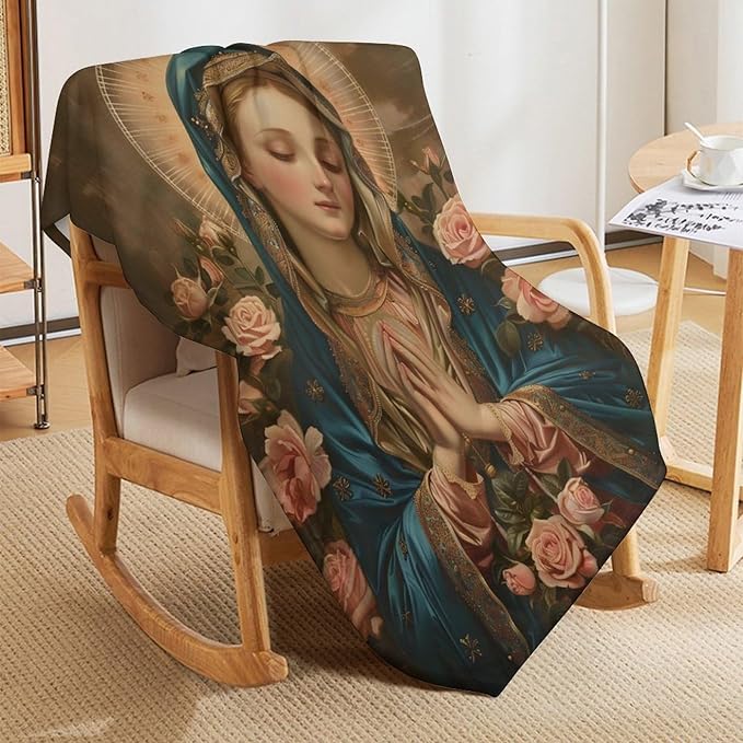 Virgin Mary Throw Blanket Catholic Religious Faith Mexican Mother of God Prayer Print Blankets Gifts for Couch Sofa Stuff Decor Cozy Fleece Plush Flannel Bedding for Lover Men Women Adults 40"x50"