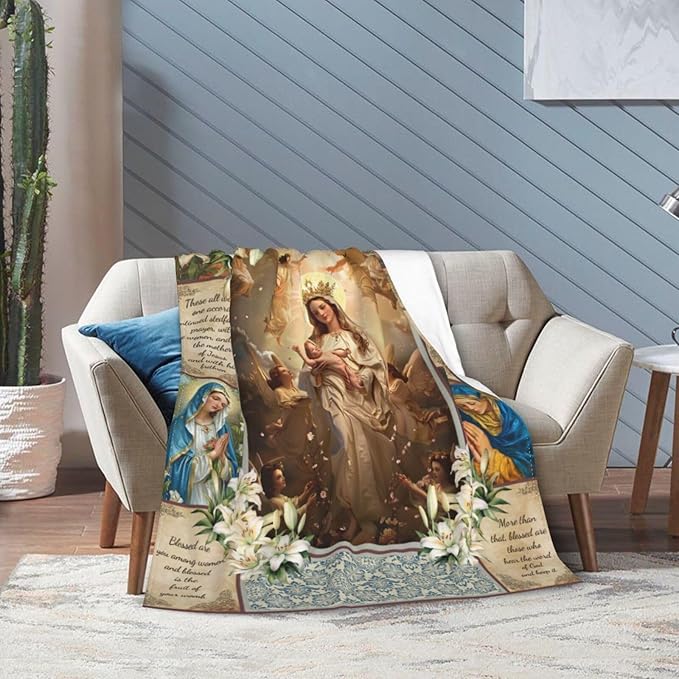 Virgin Mary Blanket for Woman Retro Christian Throw Blanket Religious Virgin Mary Decor Stuff Merch Cozy Flannel Fleece Fuzzy Warm Soft Plush Lightweight Bedding Virgin Mary Gifts for Girls 50"X40"