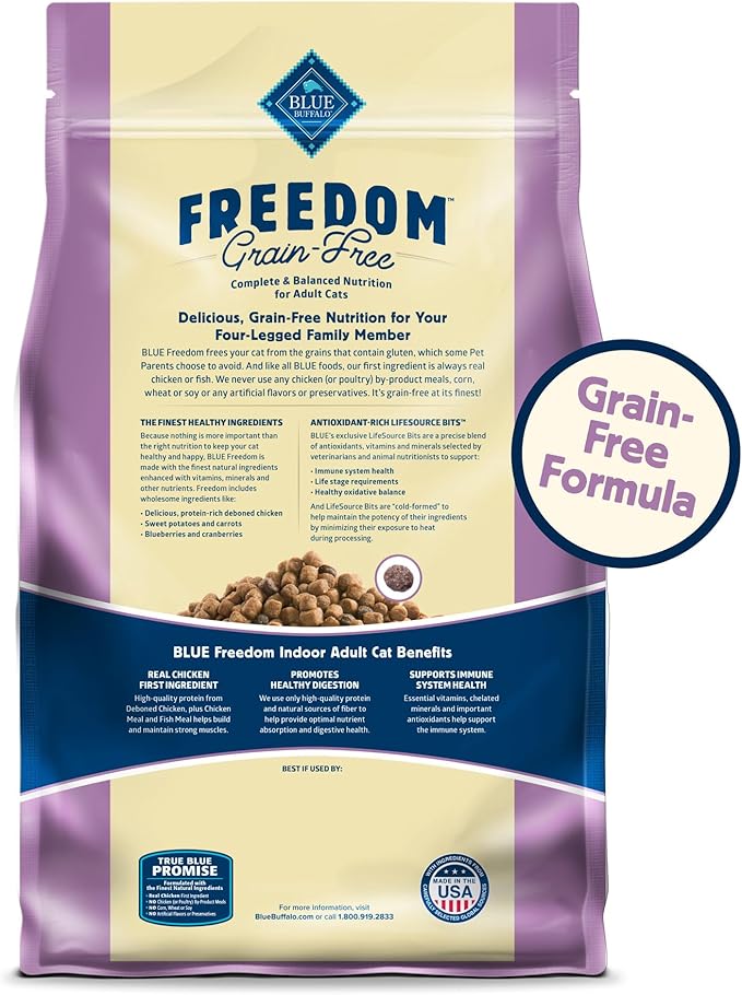 Blue Buffalo Freedom Grain-Free Adult Dry Cat Food, Complete & Balanced Nutrition for Indoor Cats, Made with Natural Ingredients, Chicken Recipe, 5-lb. Bag