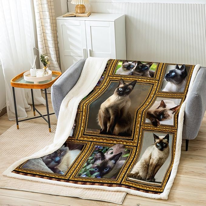 Feelyou Siamese Fleece Throw Blanket for Bed Sofa Couch Cute Cat Plush Blanket Throw 50"x60" Kawaii Kitten Sherpa Blanket Gift for Siamese Lover Fuzzy Blanket Flannal Blanket