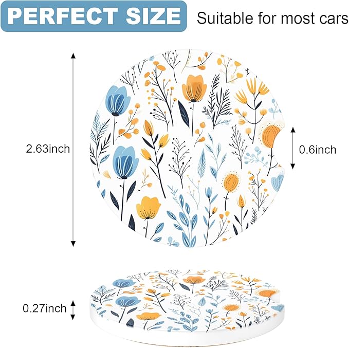 2 Pack Car Coaster, 2.63 inch Anti Slip Insert Absorbent Ceramic Coaster with Cork Base and Finger Notch, Cute Car Accessories Interior for Women