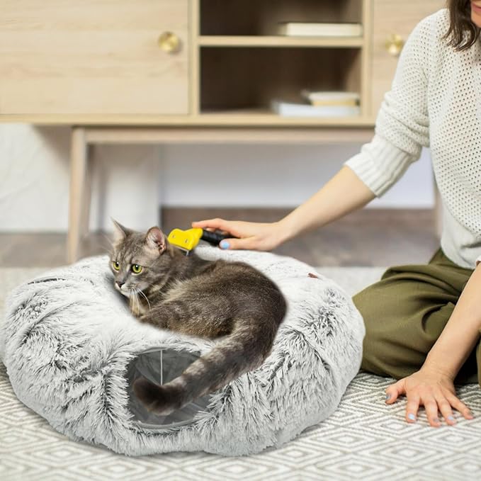 KOMUSMO Cat Tunnel Bed with Central Mat and Hanging Ball Toy, Large Cat Cave Donut for Indoor Cats, Soft Plush Fluffy Peekaboo Cat Bed Cave Collapsible for Small Medium Large Cats Kittens