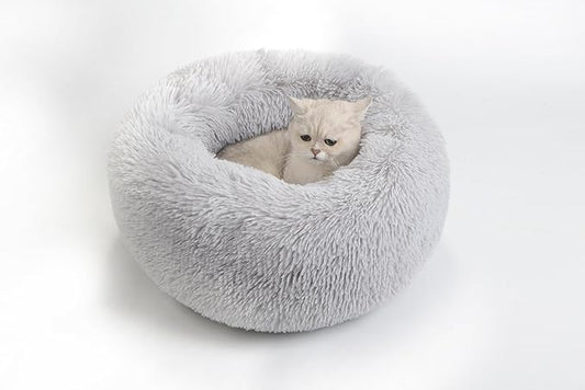 Calming Dog Bed for Large Cats and Dogs, Donut Washable Cat Bed for Indoor Cats and Dogs, Anti-Slip Round Fluffy Plush Faux Fur Pet Bed for Medium Cats and Dogs (Grey, 23.5')