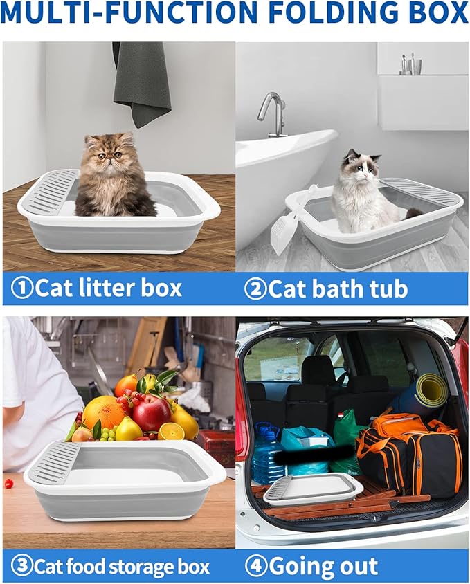 BNOSDM Large Cat Litter Box for Senior Cat - Foldable Kittens Travel Litter Box with Scoop Collapsible Cat Toilet Open Shallow Cats Potty Pan for Sick Disabled Older Cats Grey