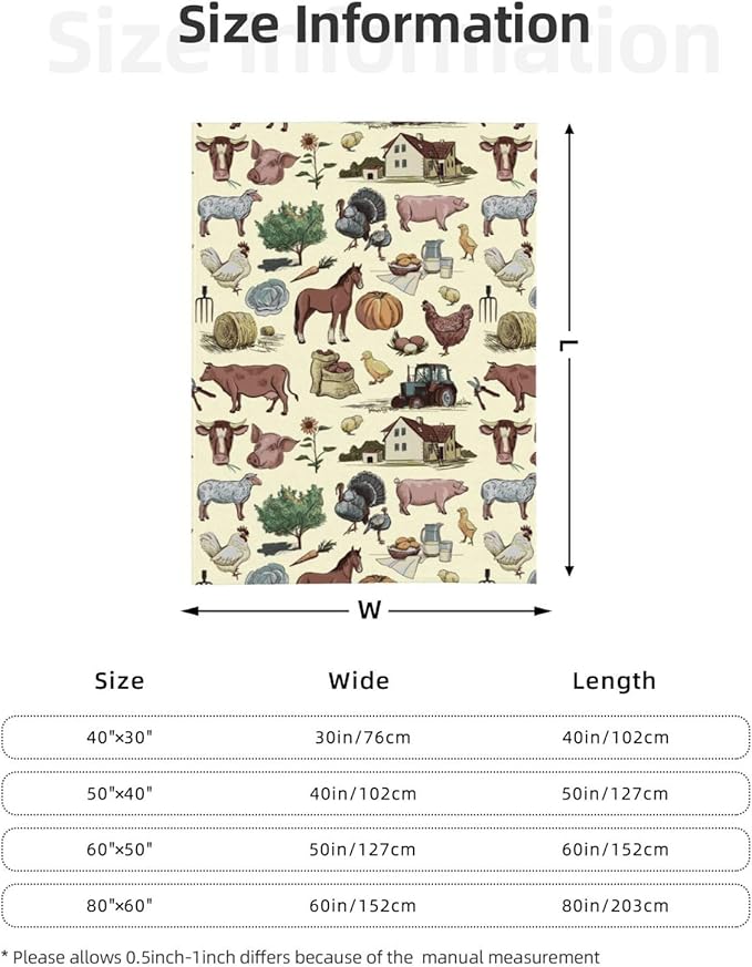 Farm Animal Blanket Throw 80"x60", Plush Flannel Cow Chicken Horse Pig Sheep Blanket, Soft Warm Decorative for Kids Women Adults