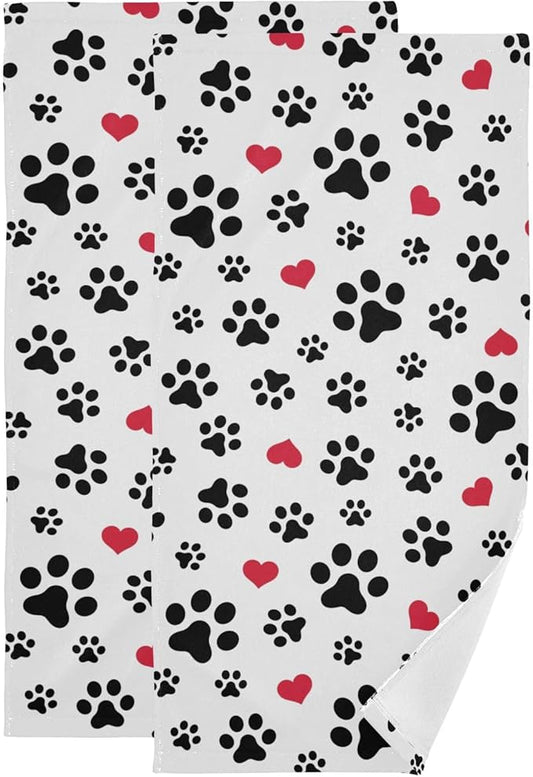 2 Pack Black White Hand Towels for Bathroom,Soft Absorbent Funny Animal Dog Cat Pet Paw Footprint Red Love Heart Kitchen Towels,Decorative Guest Bathroom Towels for Face,Shower,Gym 14"x28"