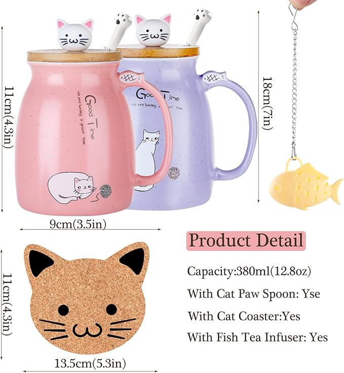 BigNoseDeer 2Pcs Kawaii Cat Mug Cute Tea Cup with Infuser Ceramic Coffee Mugs Cute Cool Preppy Stuff Gifts for Women Cat Gifts for Cat lovers13oz…