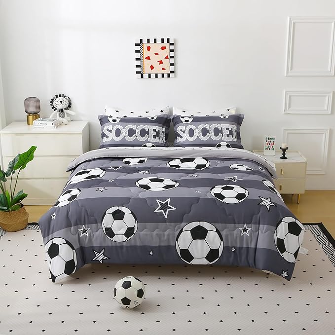 Boys Sports 7 Piece Soccer Comforter Set Full Size 3D Football Playground Bedding Set for Kids Bed Set Gray(Comforter,Flat Sheet,Fitted Sheet and Pillow Sham)