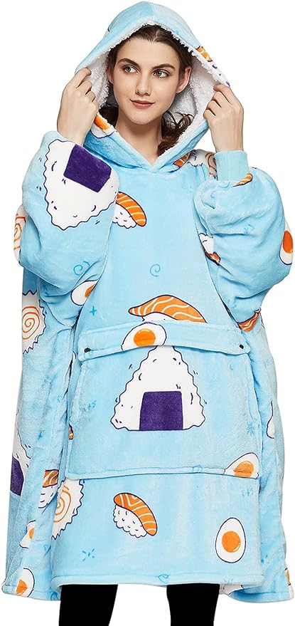 KFUBUO Wearable Blanket Hoodie for Adults Sherpa All Patterns Sushi Oversized Sweatshirt Blanket with Pockets Cute Birthday Gifts for Women