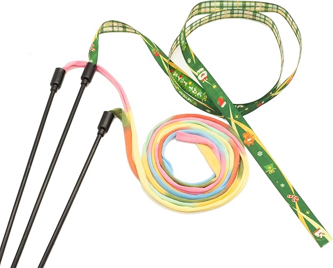 Fashion's Talk Cat Wand Interactive Fabric Teaser Wand Kitten, Christmas Ribbons Wand Rainbow Teaser Toys for Indoor Cats Kitty Colorful Cat Teaser Wand