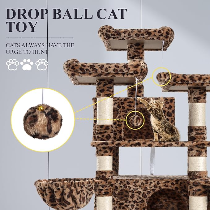 Allewie 68 Inches Cat Tree/House and Towers for Big Feline/Scratching Post/Multi-Level Large Kitty Climbing Tree with Condo/Leopard Print