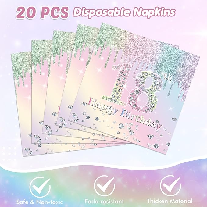 18th Birthday Party Decorations Tableware for Girls, Iridescent Macarons Diamond Happy 18th Birthday Supplies Includes 20 Plates 20 Napkins and 1 Tablecloth for Adult Boys Girls 18 Year Old Bday