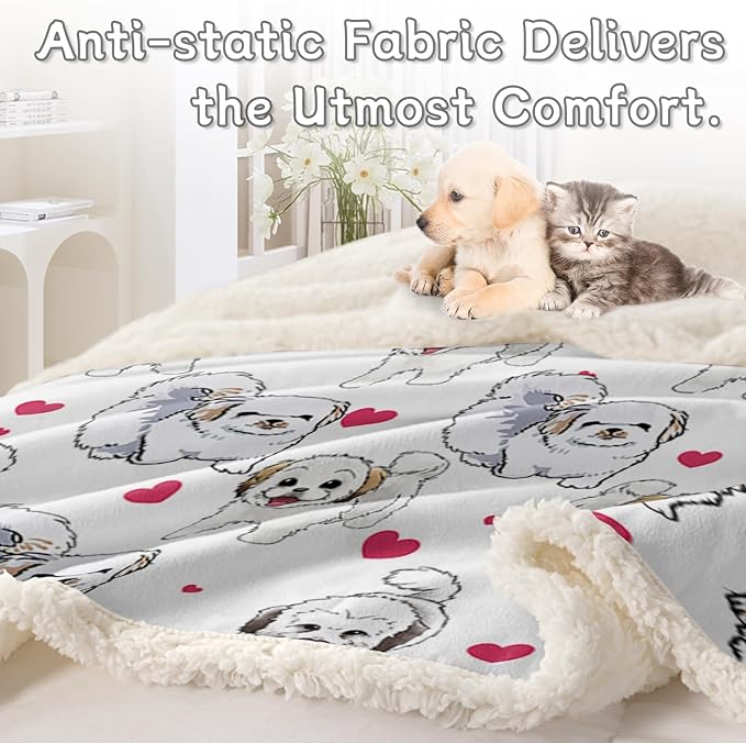 BlessLiving Shih Tzu Sherpa Throw Blanket - Super Soft Fuzzy Cozy Warm Red Hearts Dog Blanket Thick Plush Fluffy Blankets for Teen Girls Women Couch Bed Sofa Chair Men Boys Gift (Twin, 60x80 Inches)
