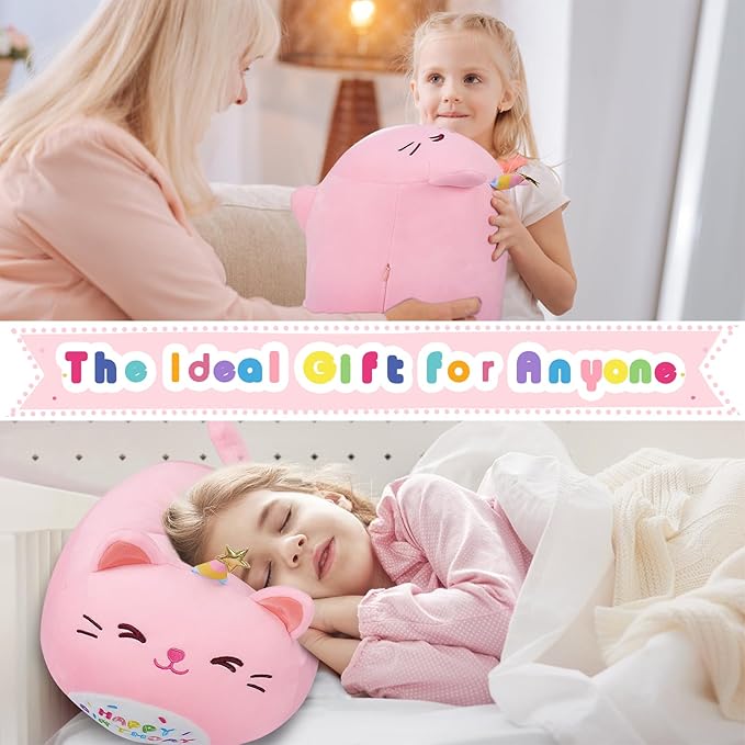 Auspicious beginning Pink Birthday Cat Plush Stuffed Animals-Gifts for Girlfriend, 16'' Pink Cat Plush, Kawaii Plushies Cat Body Pillow Cat Plushie, Kitten Plush Pillow Kids