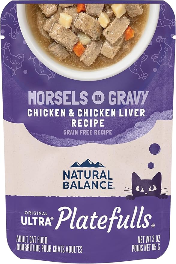 Natural Balance Original Ultra Platefulls Indoor Adult Grain Free Wet Cat Food, Chicken & Chicken Liver Recipe, 3 Ounce Pouch (Pack of 24), Packaging May Vary