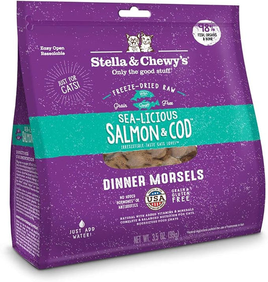 Stella & Chewy’s Freeze-Dried Raw Cat Dinner Morsels – Grain Free, Protein Rich Cat & Kitten Food – Sea-Licious Salmon & Cod Recipe – 3.5 oz Bag