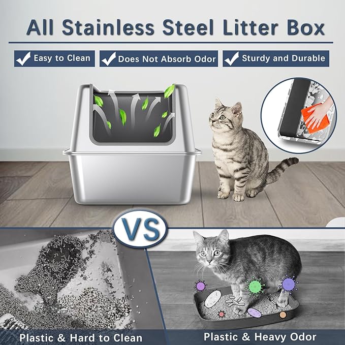 All Stainless Steel Cat Litter Box with Lid,Jumbo XL Metal Litter Box with 13.8''High Sides Cover,Extra Large Enclosed Litter Boxes for Big&Multiple Cat,Anti Urine Leakage,Odor Free,with Metal Scoop