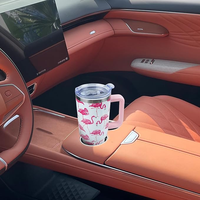 40 oz Tumbler with Handle and Straw, Stainless Steel Insulated Cup with Leak Proof Lid and Straw Lid, Keep Drinks Cold and Hot for Hours(Flamingo)