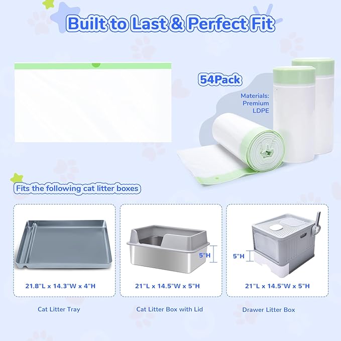 54 Count Cat Litter Liners for Pet Scoop free Litter Tray, Open/Hooded Litter Pan, Pull-out Litter Box Sliding Drawer, Drawstring Pet Waste Bags Heavy Duty - Tear & Leak Resistant, 37x12.5"