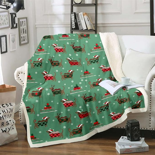 Erosebridal Dachshund Fleece Blanket for Kids Boys Girls Christmas Sherpa Blanket Queen Size Cute Sausage Dog Blanket Xmas Sleigh Throw Blanket for Chair Snowflake Decorations Travel Blanket