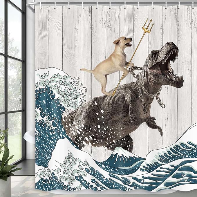 Boziqr Funny Dog Shower Curtain, Japanese Ocean Wave Dinosaur Rustic Barn Door Decor Fabric Bathroom Curtains Set, Cute Animal Kids Polyester Fabric Waterproof, 70 X 84 Inches