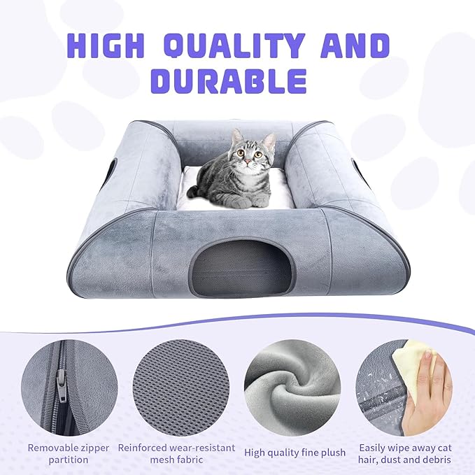 Cat Tunnel Bed, Indoor Cat Cave, Removable Cat Tunnel with Removable Soft Pad, Sturdy and Scratch Resistant, Suitable for Small and Medium Cats (Gray)