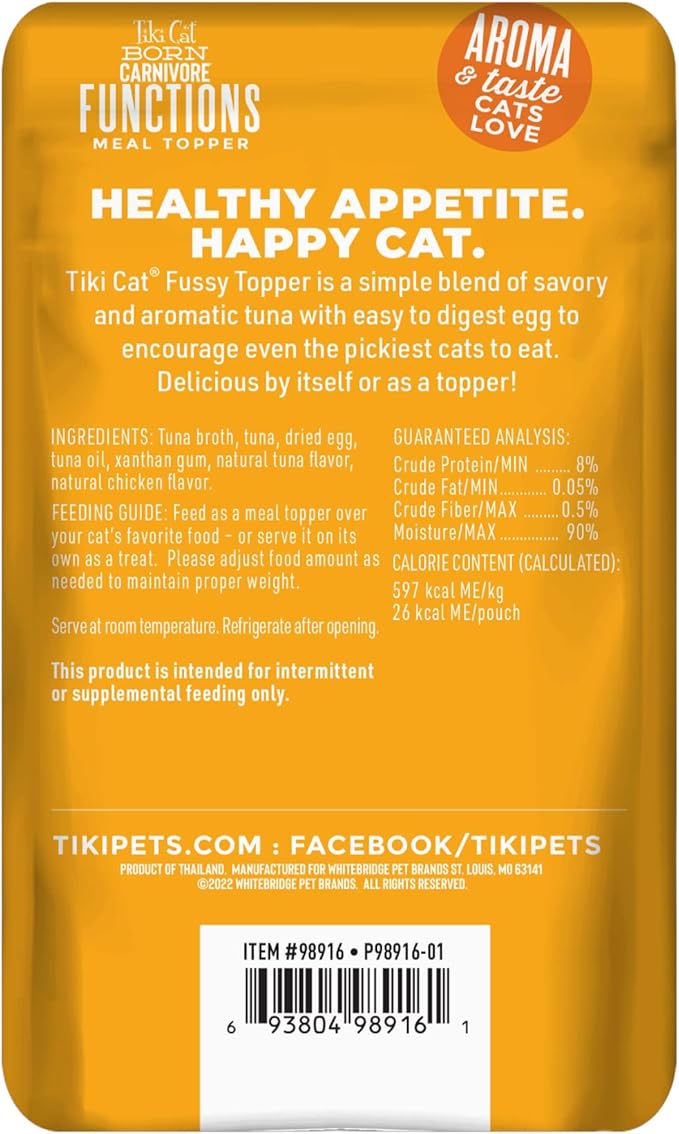 Tiki Cat Born Carnivore Functions Fussy, Tuna Recipe in Broth, Highly Palatable Formulated for Picky Eaters, Mousse Cat Food Topper, 1.5 oz. Pouch (12 Count)