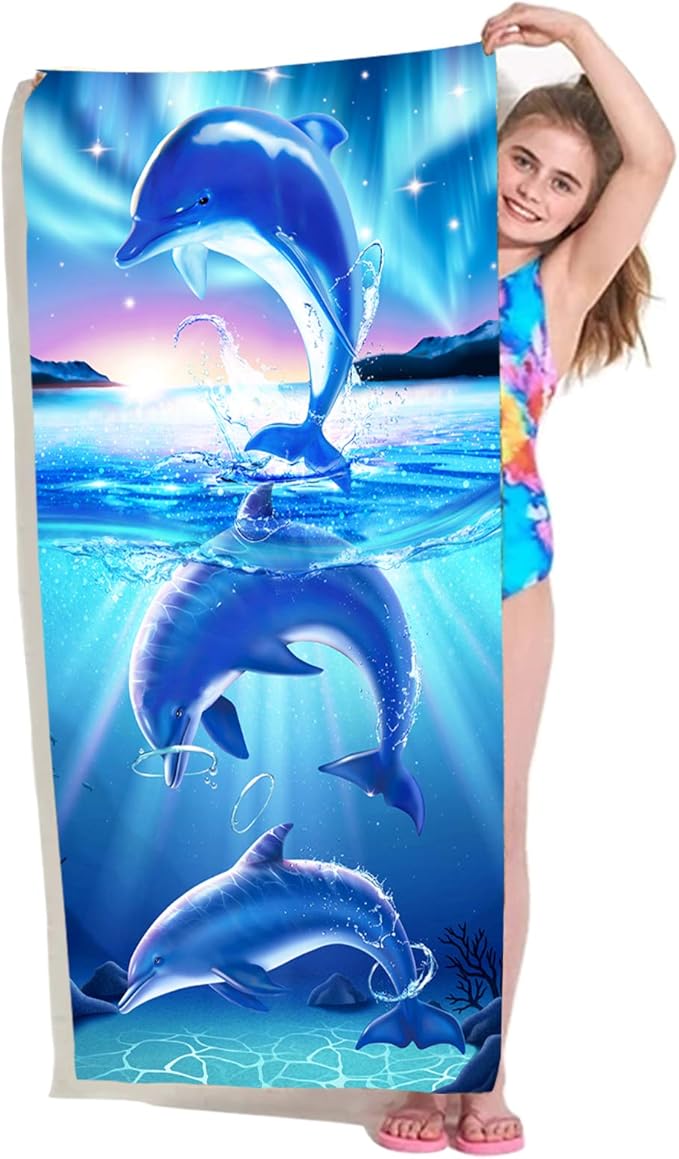 Bonsai Tree Dolphin Beach Towel, Cute Ocean Dolphins Themed Microfiber Bath Towel Gifts for Kids, Funny Abstract Animals Cartoon Sand Free Quick Dry Travel Towels for Boys Girls Pool Sports 30" x 60"