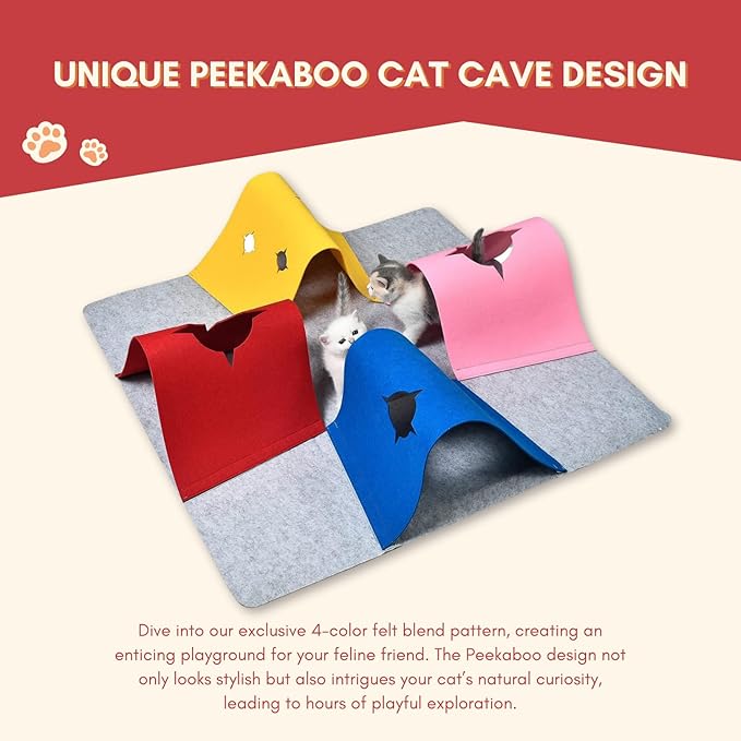 Peekaboo Cat Cave & Foldable Play Mat with Tunnel: 4-Color Durable Felt Blend with Indoor Cat Tunnels - Perfect Combo for Fun & Rest
