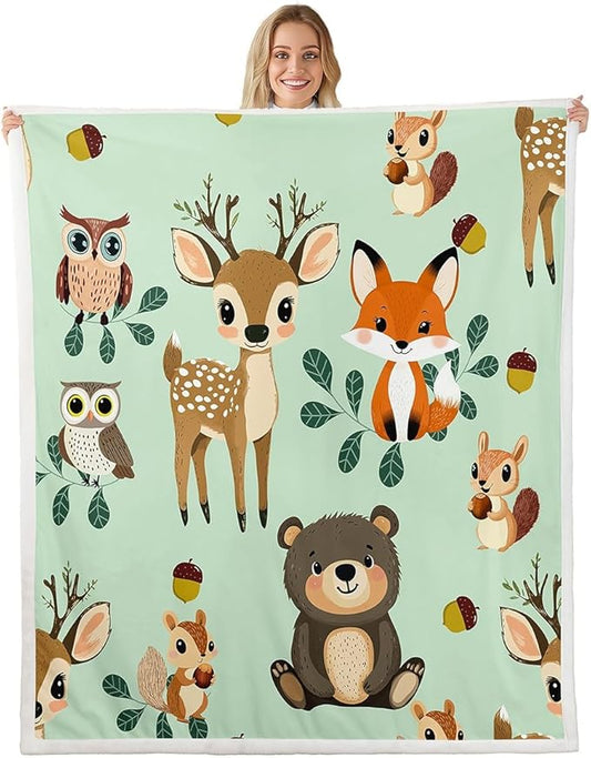 Kids Throw Blanket Boys Girls Bed Cute Fox Elk Bear Pattern Fleece Blanket Kawaii Zoo Animal Theme Plush Sherpa Blanket for Sofa Couch Super Soft Woodland Fox Nature Fuzzy BlanketQueen 90"x90"