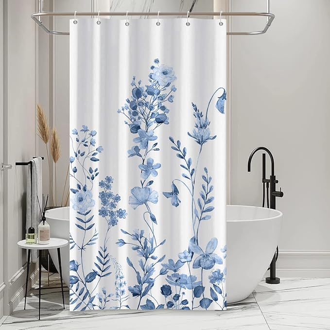AWERT Small Half Size Stall Shower Curtain with 6 Hooks Shower Stall Curtain 36 x 72 Light Blue Floral 36 inch Shower Curtain for Bathroom/RV and Camper (Light Blue)
