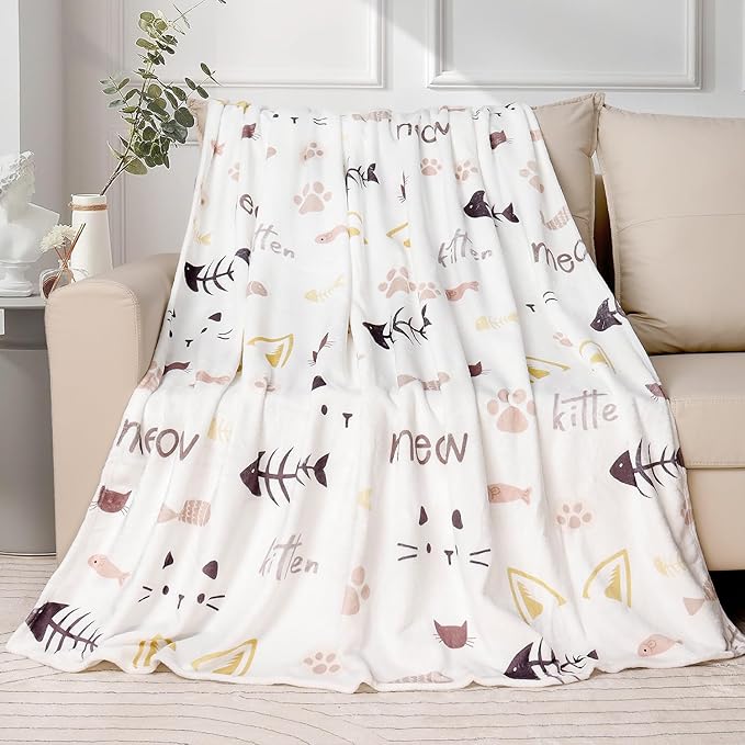 Cat Blanket Cute Pet Kitten Print Blankets Cats Lovers Throw Blanket Cat with Fish Plush Throws Blanket Ultra Soft Flannel Fleece Throw Blanket for Couch Sofa Bed 60 X 80 inch