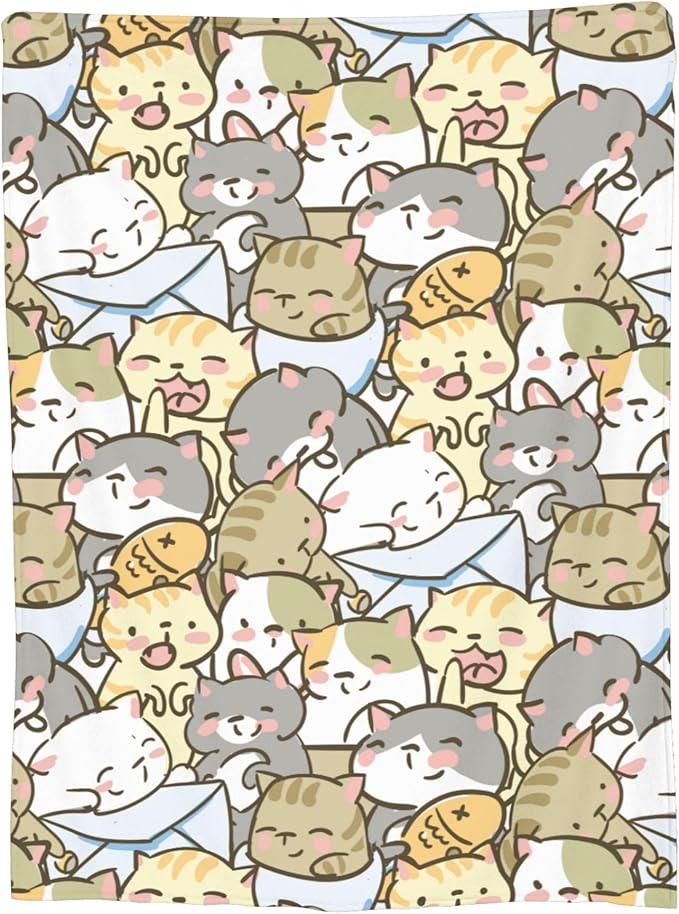Cute Kids Cats Print Blanket Throw 50"x40", Plush Flannel Blankets with Cats On It, Gifts for Kids Women Cat Lovers People