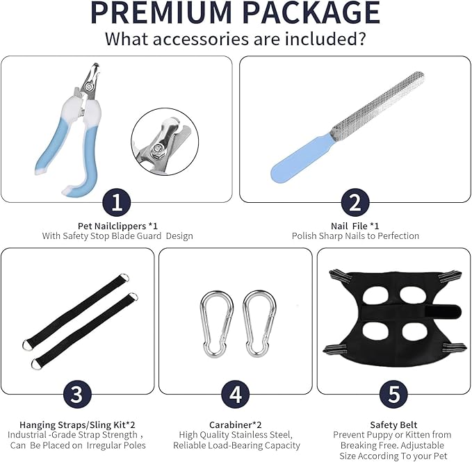 Cat/Dog Grooming Hammock Hanging Harness,Pet Grooming Restraint Sling with Wide Strap Anti Scratch&Bite,for Nail Trim/Take Eye/Ear Care with Nail Clipper/Nail File Pet Grooming Supplies Kit-XS