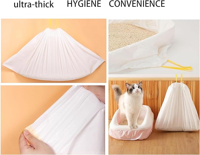 60 Count Cat Drawstring Litter Box Liners 26.6 * 16.7 inches 2 Mils Heavy Duty Leak-proof Cat Poop Bags Extra Durable Cat Litter Box Replacement Waste Bags for Self-Cleaning Litter Box