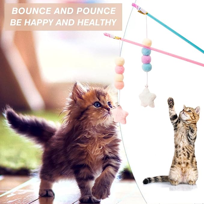2 PCS Cat Wand Toy Interactive Cat String Toys Elastic Rope Plush Ball Star Pendant Cat Feather Toy Cat Stick Toy for Indoor Cat Mice and Animals Toys Pet Supplies