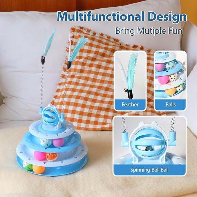 Kitten Toys, Interactive Cat Toys for Indoor Cats, Cat Puzzle Toy, Kitty Toys,cat Toys for Bored Indoor Adult Cats, Cat Ball Toy, Cat Tower with 2 Cat Teasers (Blue)