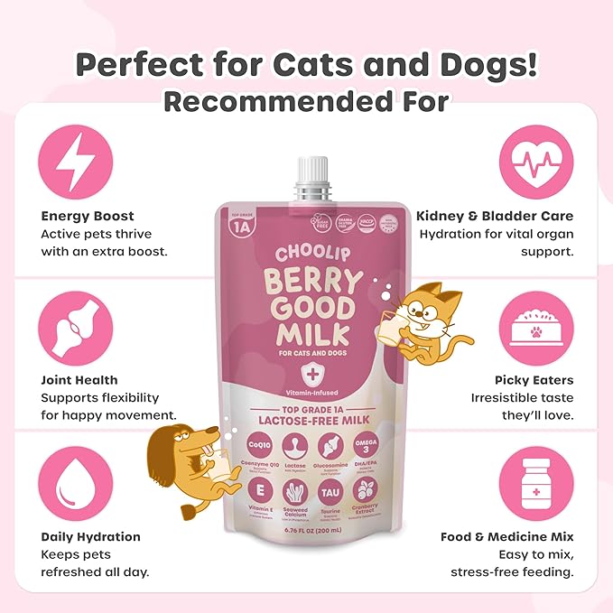 Berry Good Pet Milk. 10pk Vitamin-Infused Cat Milk, Dog, Kitten, Puppy Milk. Dog Bladder Support, Cat Kidney Support, Cat Urinary Supplement Cranberry, Omega 3, CoQ10, Glucosamine, Taurine