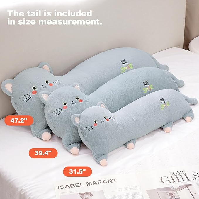 PEACH CAT 31.5" Long Cat Plush Pillow Cute Kitten Stuffed Animals Soft Plushies Toy Gifts for Kids White