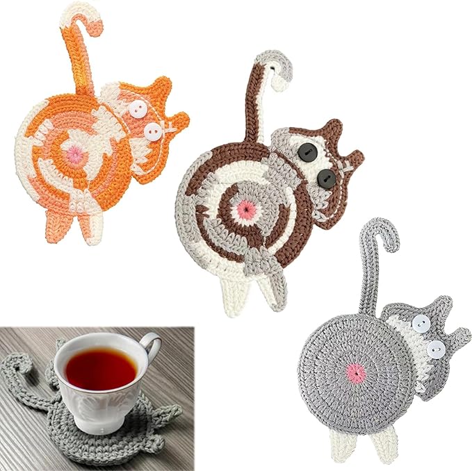 3PCS Cute Cat Coasters - Crochet Cat Gifts for Lovers, Funny Woven Coasters for Coffee & Tea