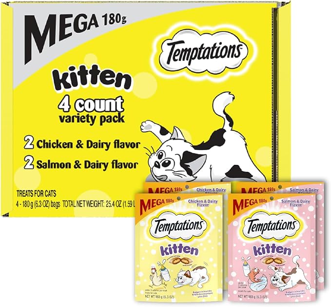 Temptations Kitten Crunchy and Soft Treats Chicken and Dairy Flavor and Salmon and Dairy Crunchy, 6.3 oz., Variety Pack of 4