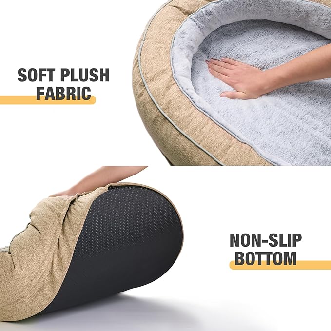 Veehoo Orthopedic Cat Bed for Indoor Cats, Oval Washable Cat Bed with Egg Crate Foam Support, Indoor Donut Puppy Cat Bed Bolster Dog Bed with Removable Cover & Non-Slip Bottom, Beige Coffee