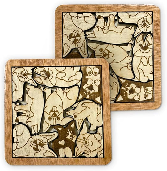 02 Corgi Dog Coaster - Corgi Dog Puzzle Wooden Coaster Set - Interlocking Jigsaw Drink Mats with Laser-Cut Design for Corgi Lovers (Corgi Dog)