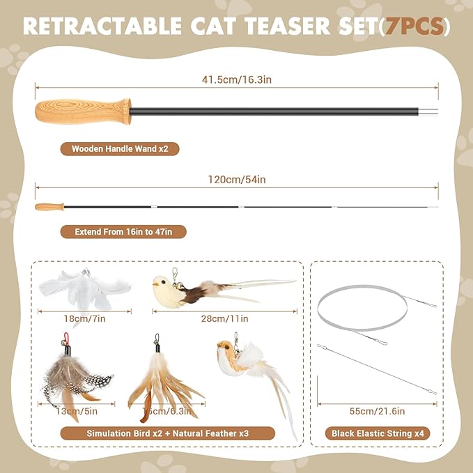 ROSAUI Cat Teaser Wand Toys, Interactive Bird Toys for Indoor Kittens, 47’’ Long Cat Fishing Pole Toys, 2X Wires and 5X Natural Refills, Sustainable Wooden Handles, Exercising, Playing