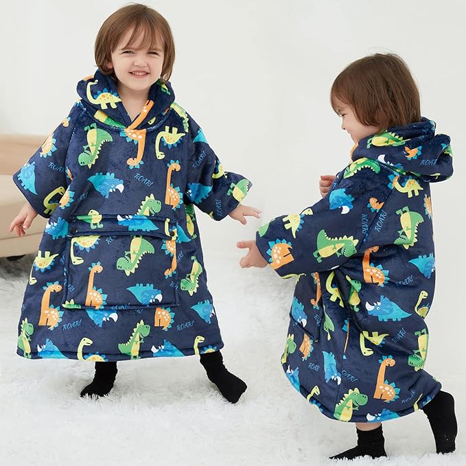 KFUBUO Dinosaur Wearable Blanket Hoodie for Kids Toddlers Sherpa Blanket Sweatshirt with Pocket 2-6 Year Old Boys&Girls Birthday Gifts