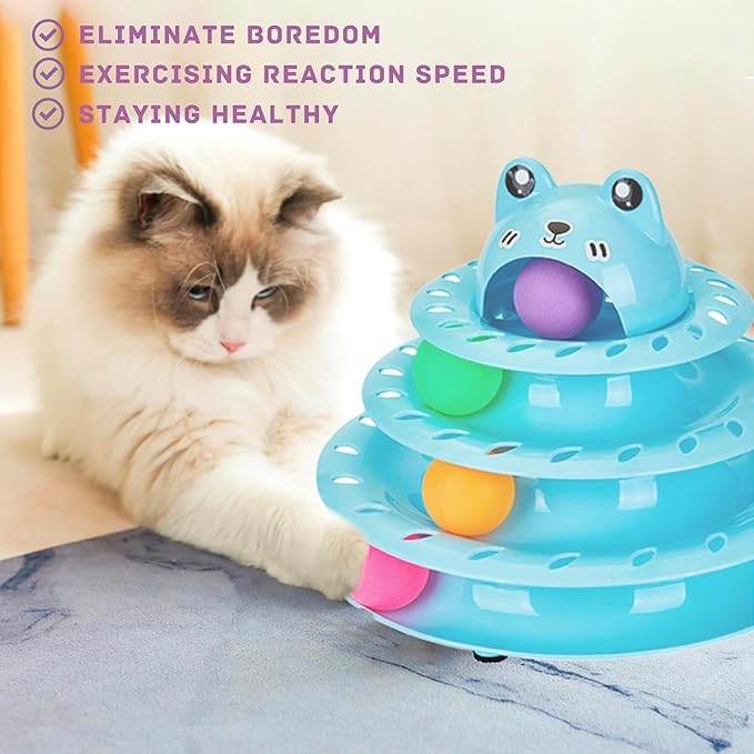 Gefryco Cat Toys Ball Track, Turntable Cat Tower Toy with 4-Tier Roller, Multi-Level Interactive Cat Toys for Indoor Cats, Fun Puzzle Kitten Exercise Toys with Colorful Chase Balls(Blue)