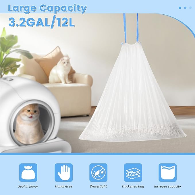 80 Count Cat Litter Bags, Self Cleaning Litter Box Liners, 18.2 x 18.2 inches Replacement Drawstring Bags Fit for Automatic Robot Box (80 Counts/4 Rolls）