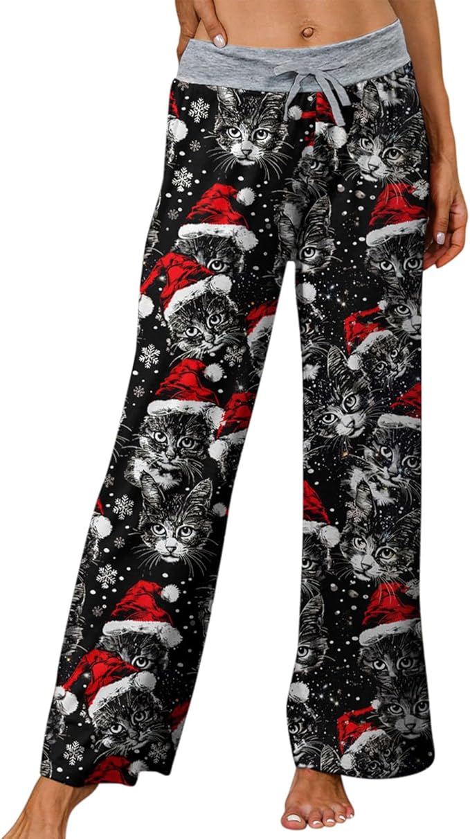 ALISISTER Christmas Womens Pajama Pants Casual Comfy Sleepwear Wide Leg Drawstring Bottoms