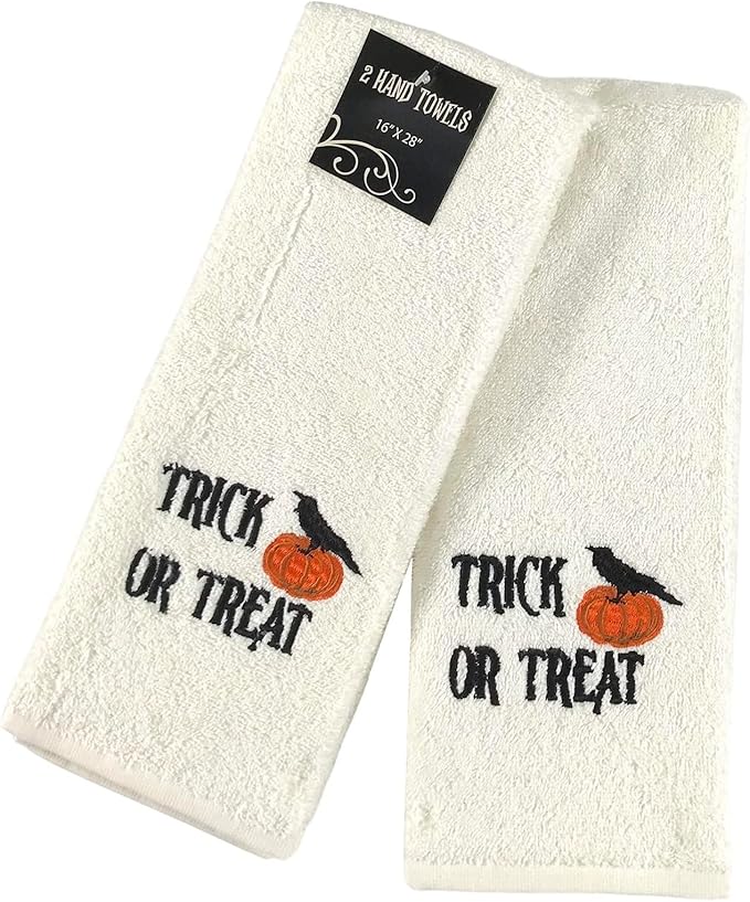 Halloween Hand Bathroom Towels Set of 2 –Cotton Trick or Treat Fall Kitchen & Bath Décor 16” x 26”