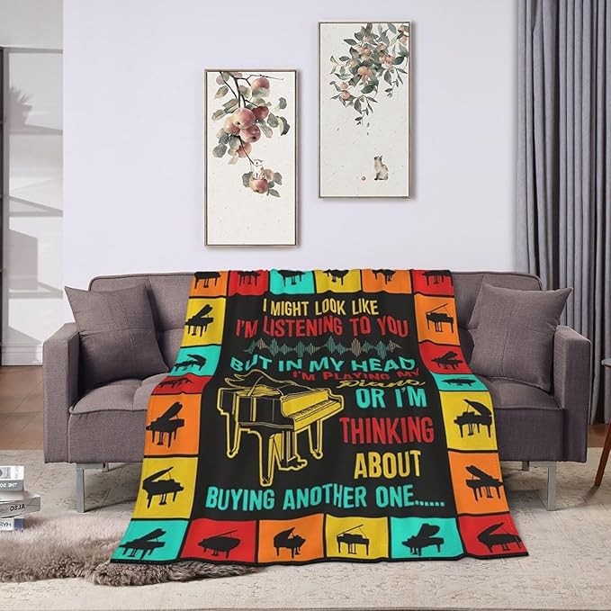 Piano Blanket Musical Instrument Throw Blanket Piano Decor Stuff Merch Cozy Print Flannel Fleece Soft Plush Fuzzy Warm Lightweight Bedding Piano Gifts for Women Men Girls Kids 50"X40"
